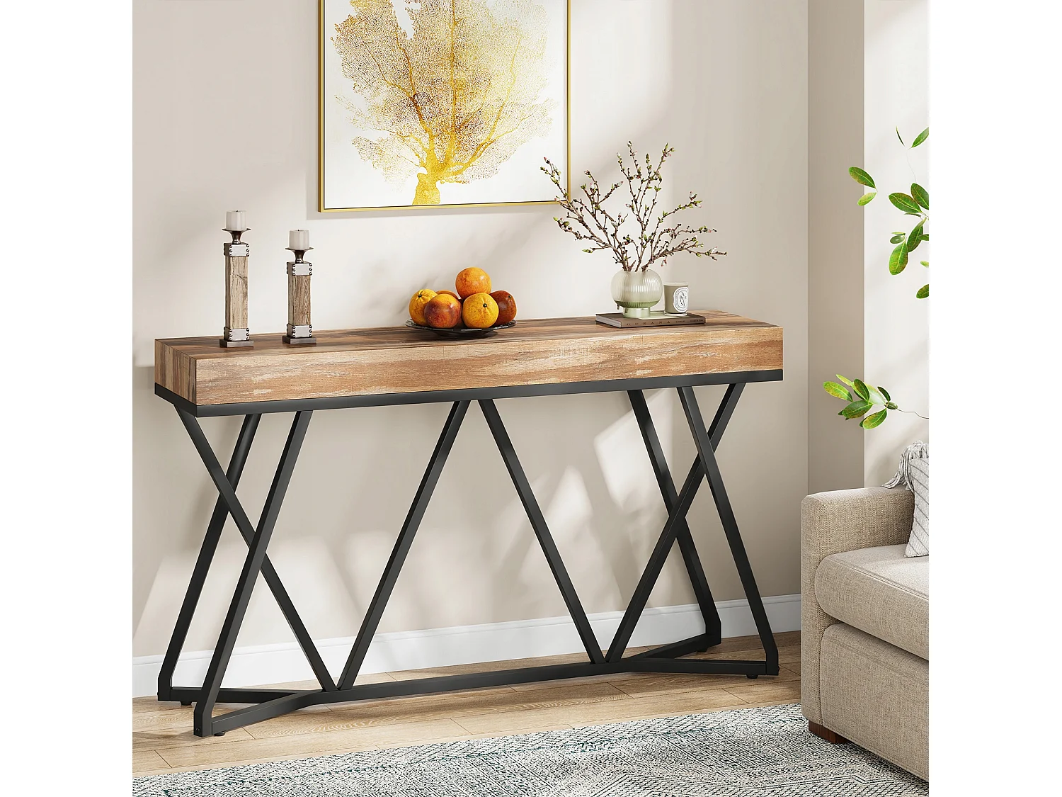 Table Console de 140cm, Table d'entrée en Bois avec Base en métal Unique, Table Basse, Table de Foyer, Table d'accentuation Industrielle