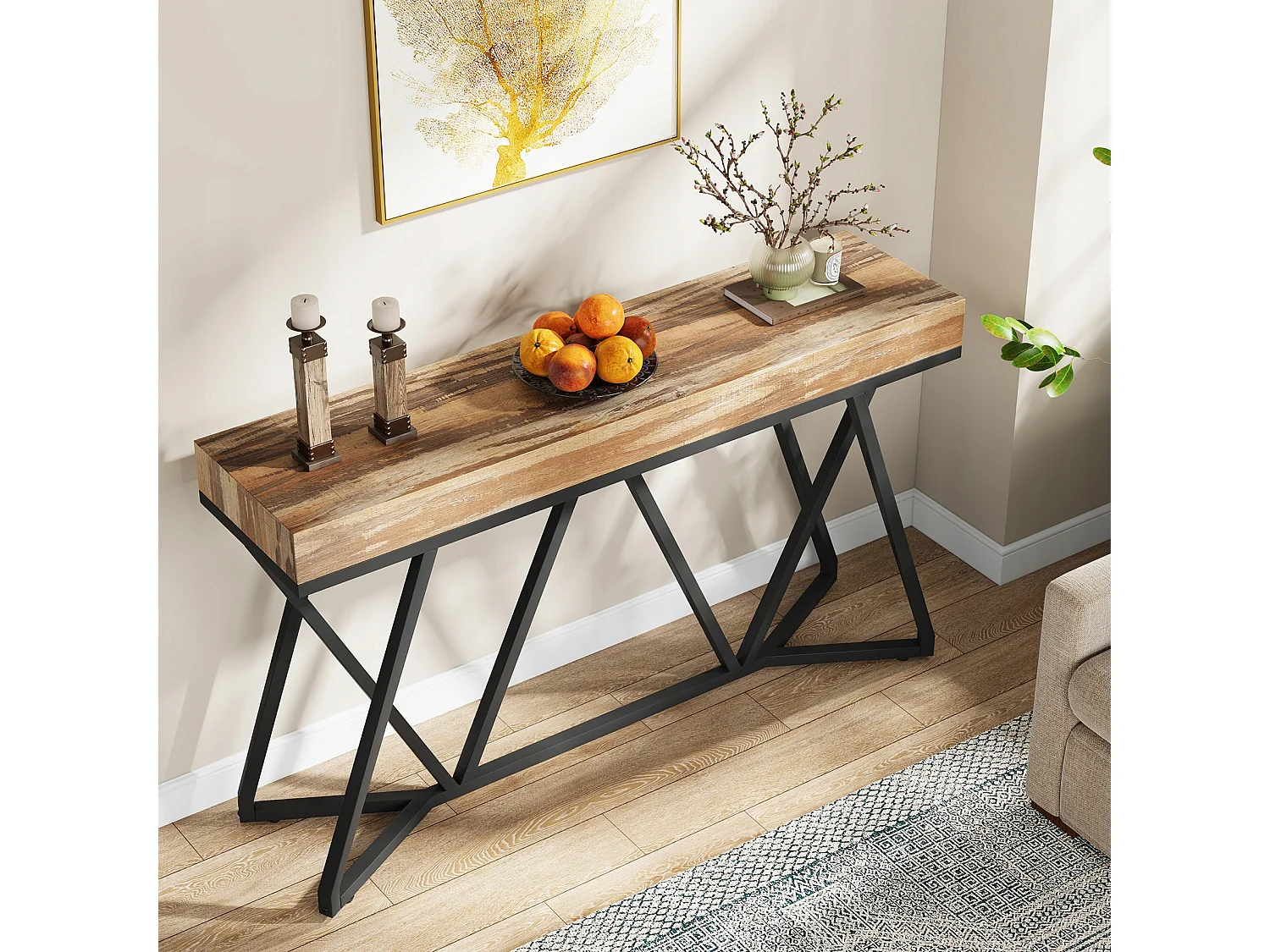 Table Console de 140cm, Table d'entrée en Bois avec Base en métal Unique, Table Basse, Table de Foyer, Table d'accentuation Industrielle
