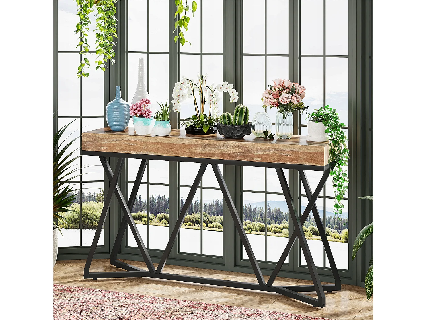 Table Console de 140cm, Table d'entrée en Bois avec Base en métal Unique, Table Basse, Table de Foyer, Table d'accentuation Industrielle