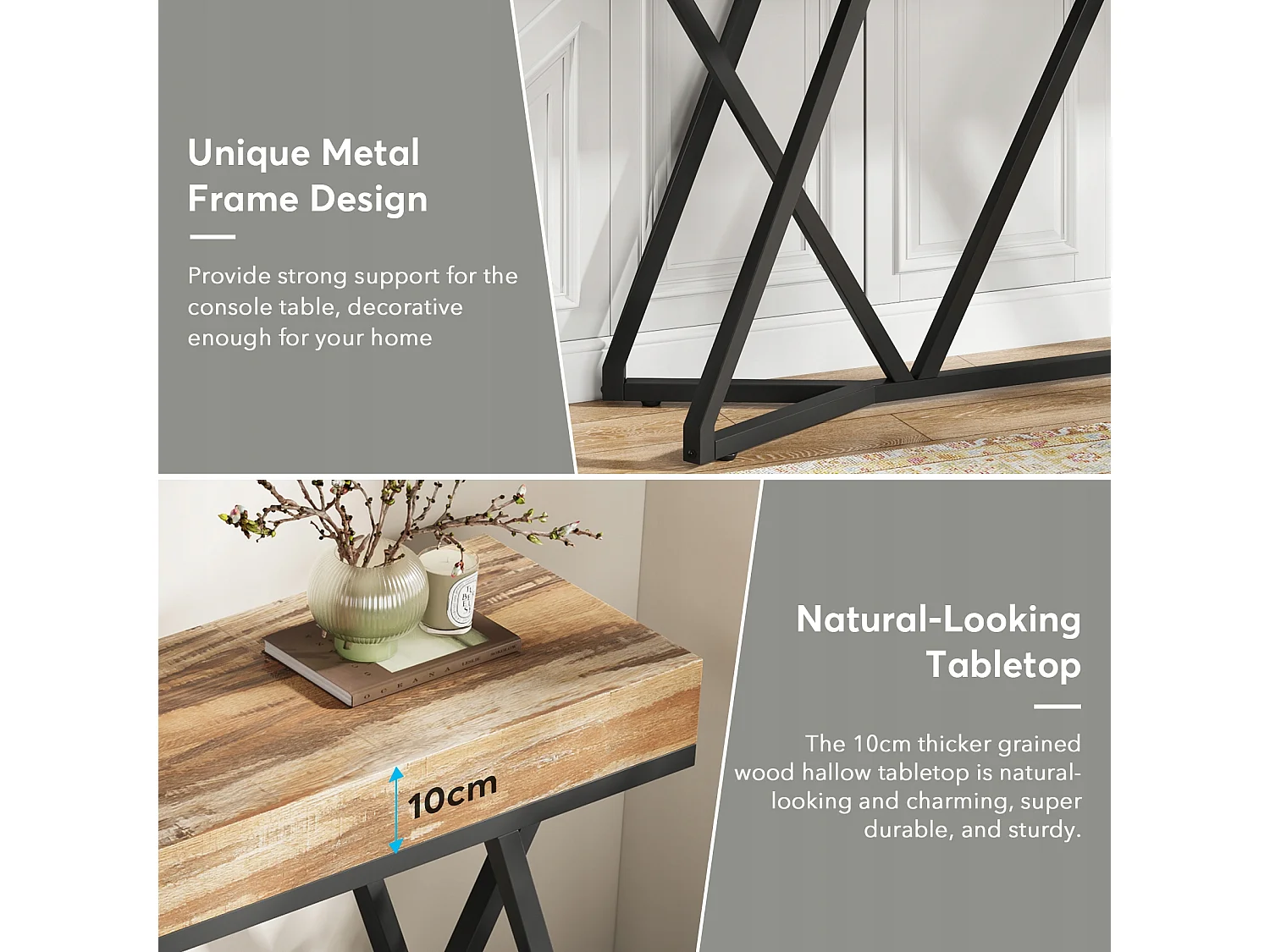 Table Console de 140cm, Table d'entrée en Bois avec Base en métal Unique, Table Basse, Table de Foyer, Table d'accentuation Industrielle