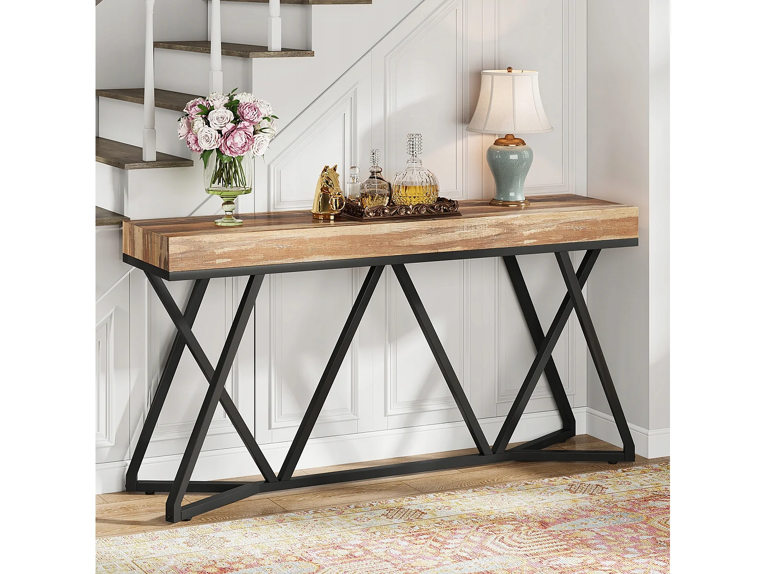 Table Console de 140cm, Table d'entrée en Bois avec Base en métal Unique, Table Basse, Table de Foyer, Table d'accentuation Industrielle