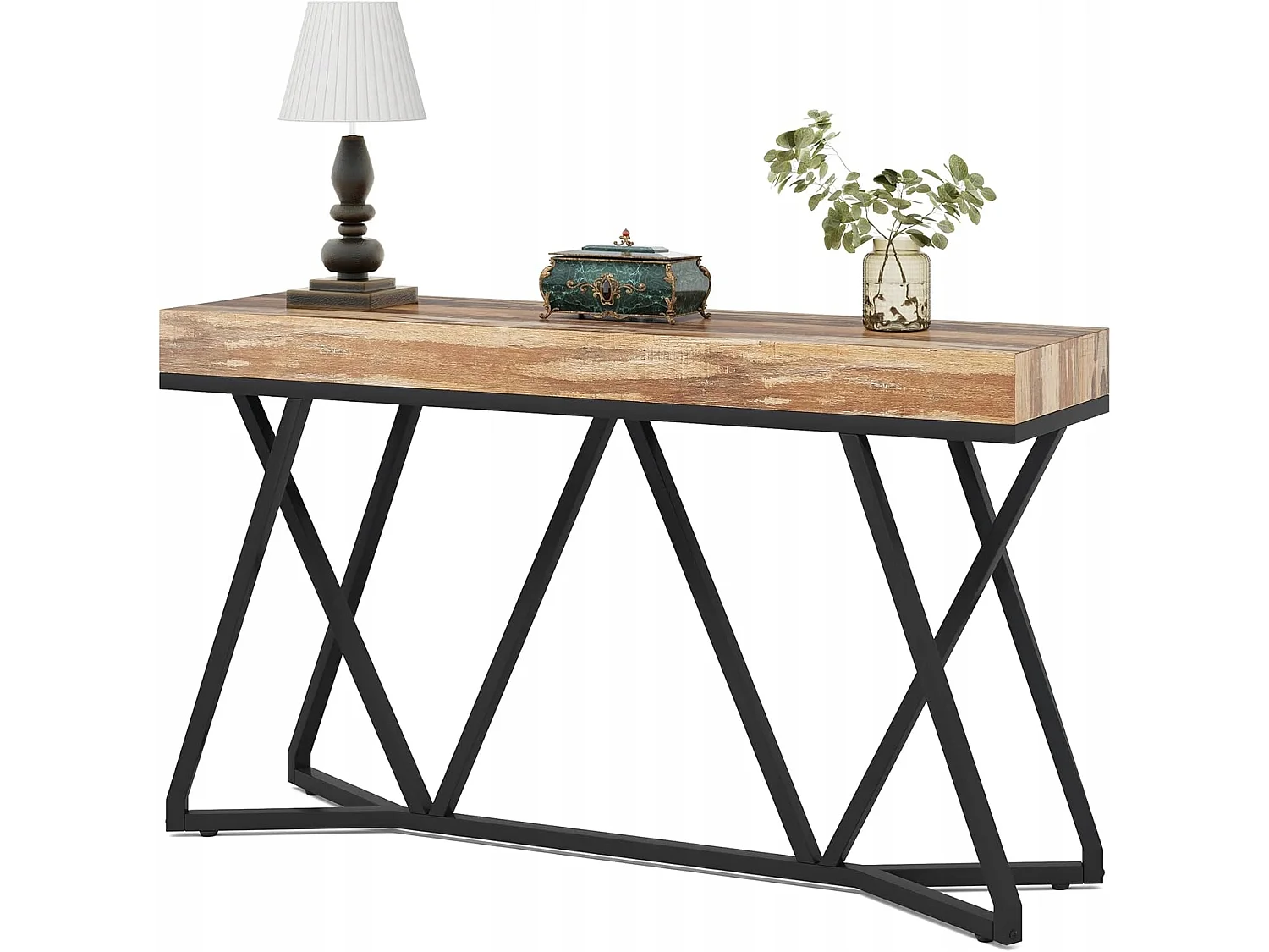Table Console de 140cm, Table d'entrée en Bois avec Base en métal Unique, Table Basse, Table de Foyer, Table d'accentuation Industrielle