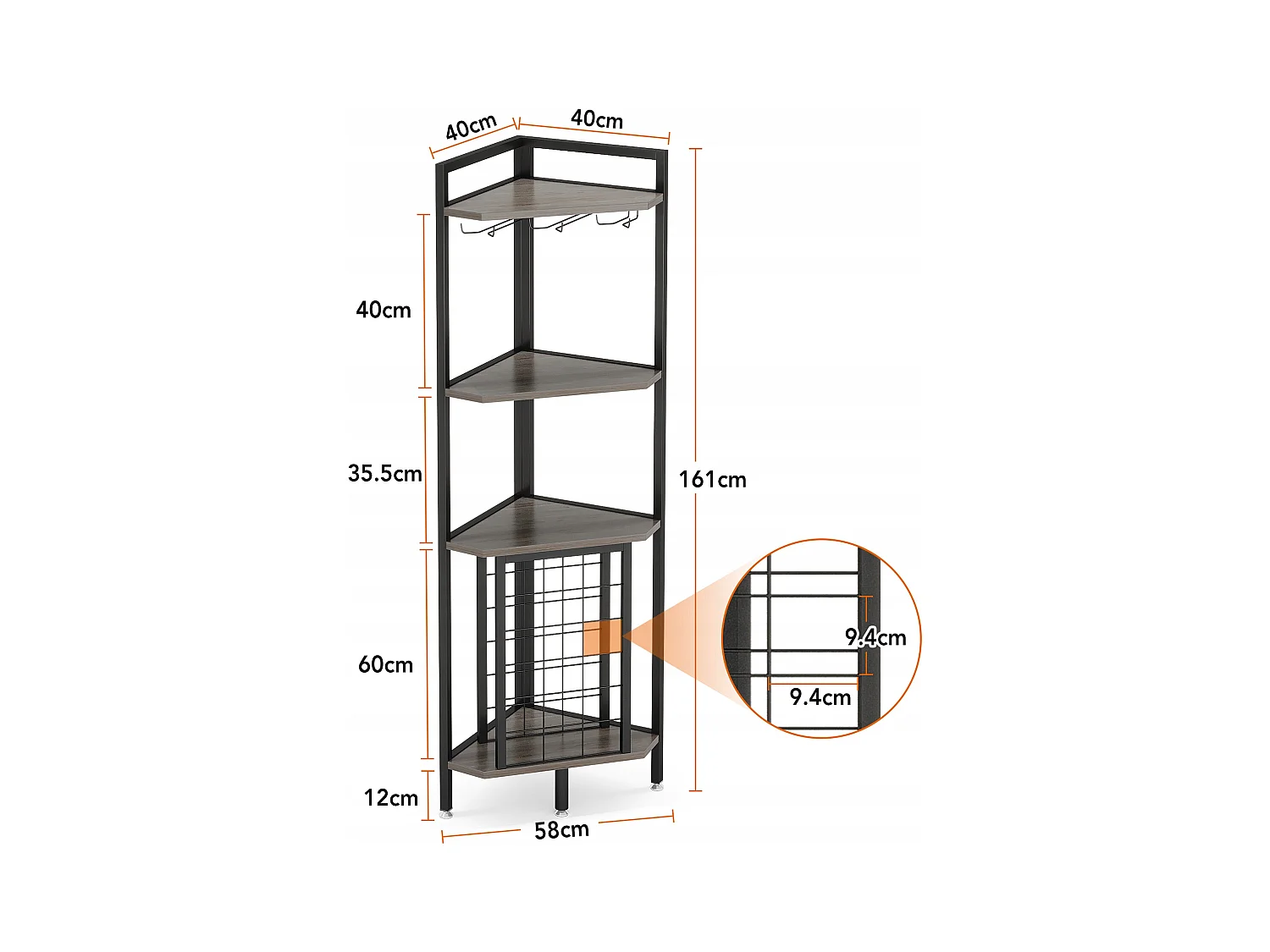 Wijnrek, hoekwijnrek met glazenhouder en opbergplanken, wijnrek voor wijnbar, keuken, eetkamer, grijs
