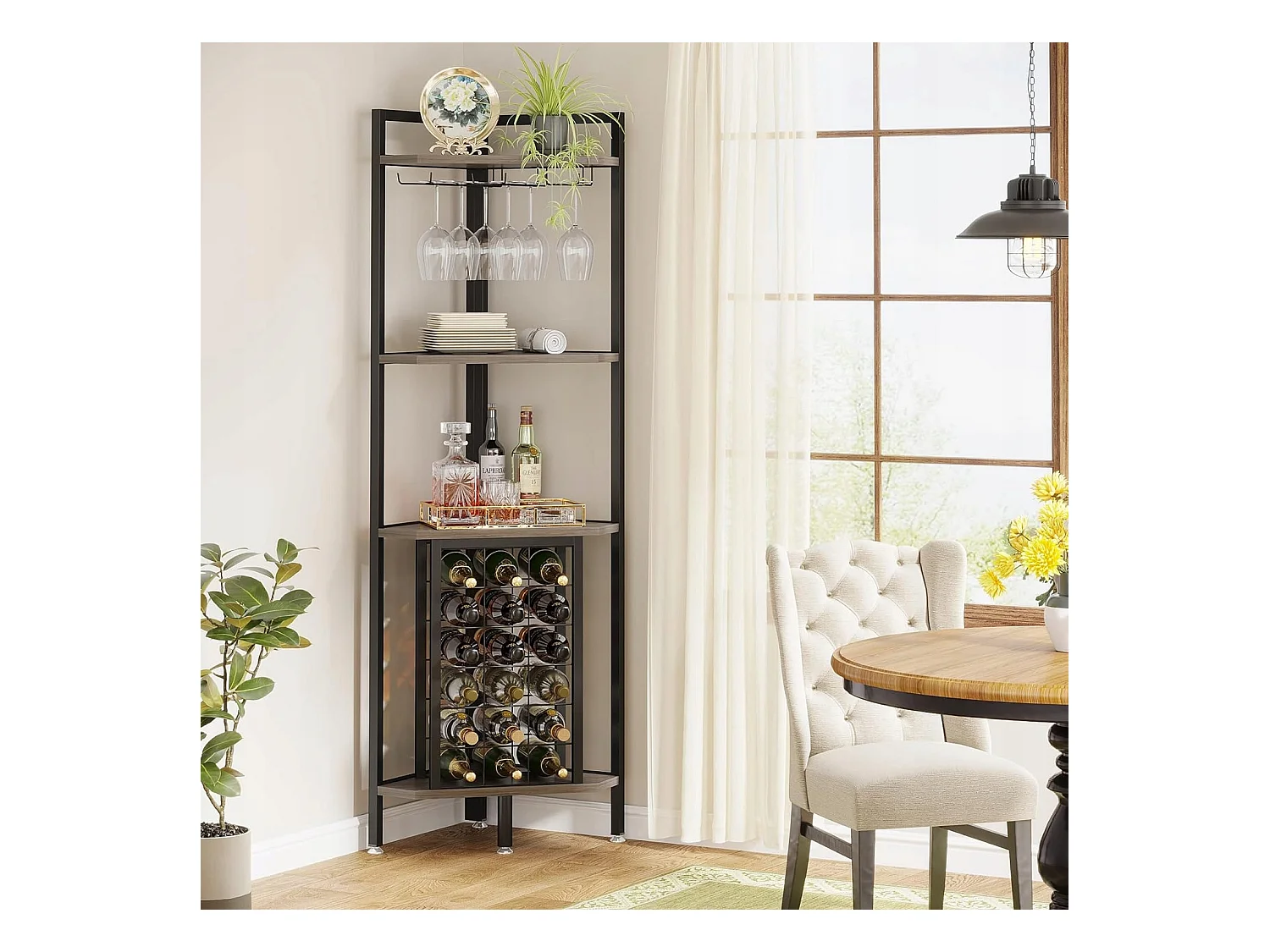 Wijnrek, hoekwijnrek met glazenhouder en opbergplanken, wijnrek voor wijnbar, keuken, eetkamer, grijs