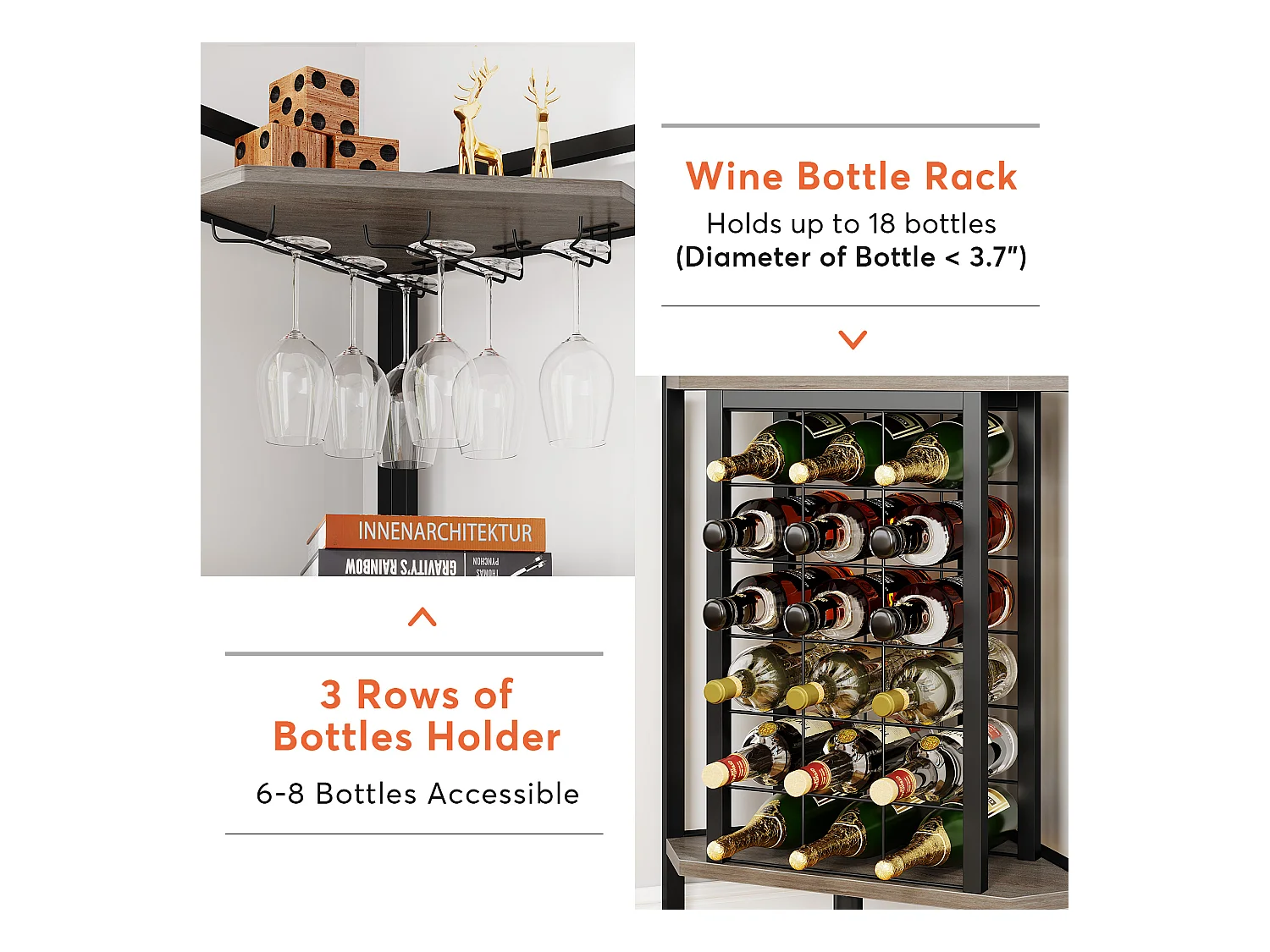 Wijnrek, hoekwijnrek met glazenhouder en opbergplanken, wijnrek voor wijnbar, keuken, eetkamer, grijs