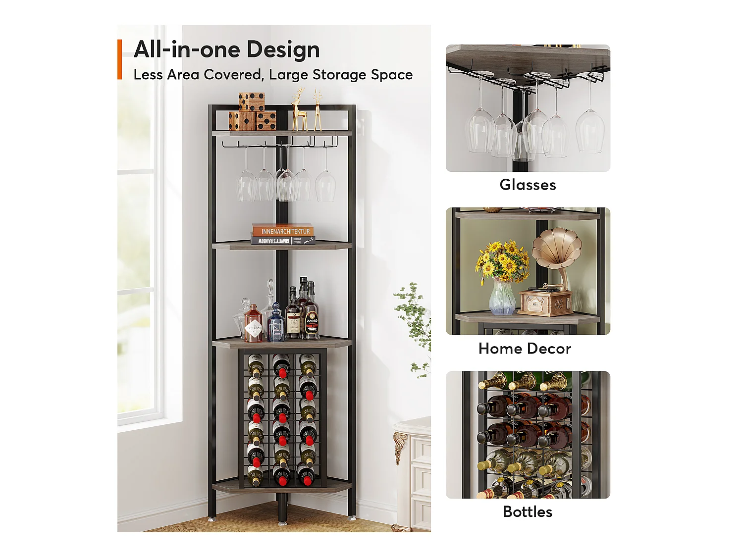 Wijnrek, hoekwijnrek met glazenhouder en opbergplanken, wijnrek voor wijnbar, keuken, eetkamer, grijs