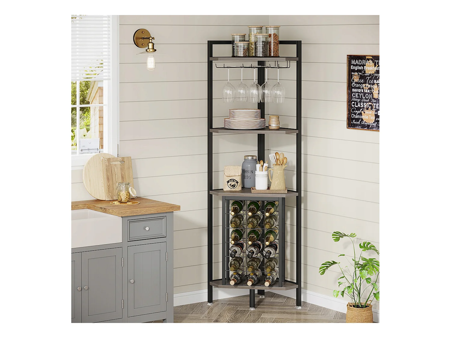 Wijnrek, hoekwijnrek met glazenhouder en opbergplanken, wijnrek voor wijnbar, keuken, eetkamer, grijs