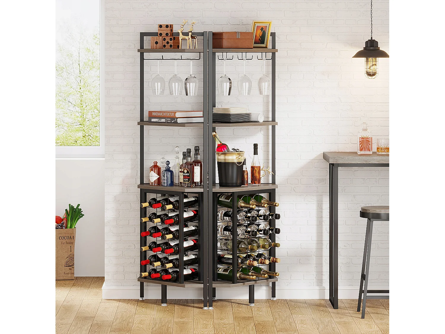 Wijnrek, hoekwijnrek met glazenhouder en opbergplanken, wijnrek voor wijnbar, keuken, eetkamer, grijs