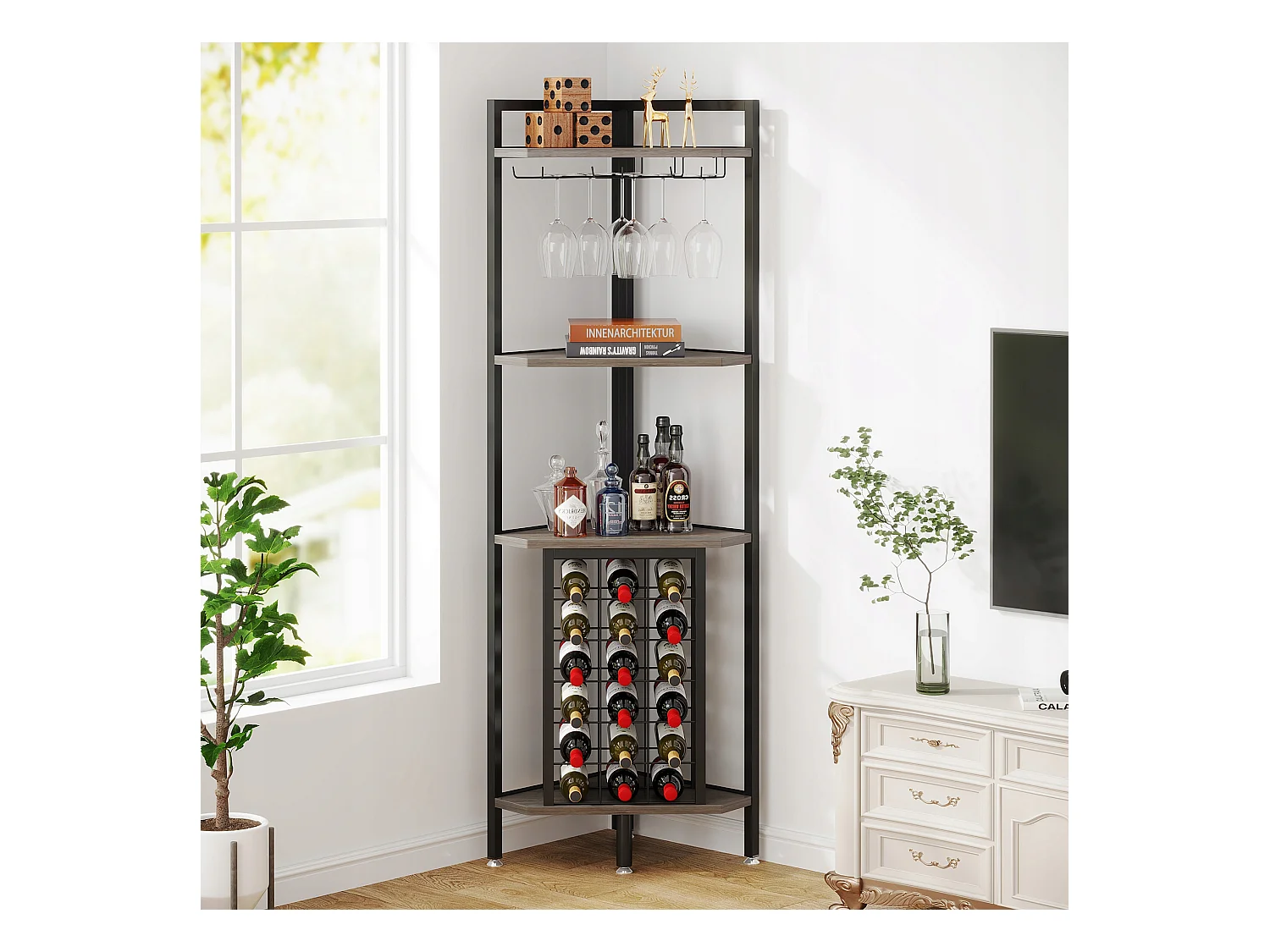 Wijnrek, hoekwijnrek met glazenhouder en opbergplanken, wijnrek voor wijnbar, keuken, eetkamer, grijs