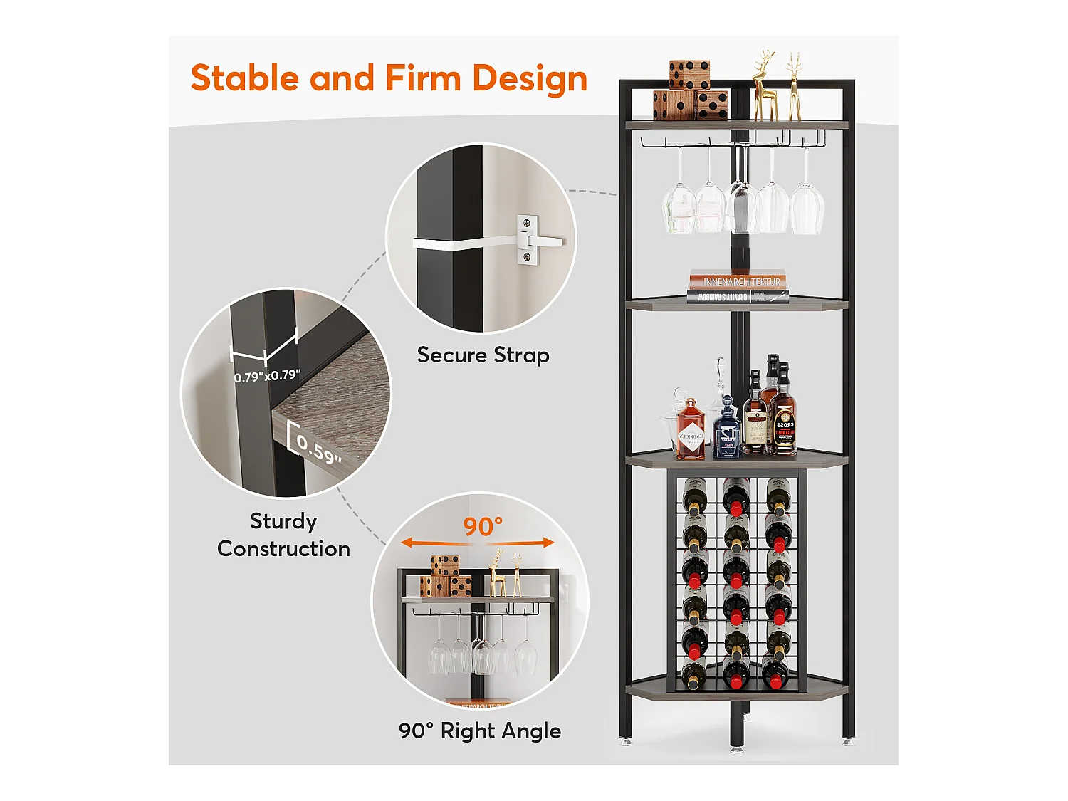 Wijnrek, hoekwijnrek met glazenhouder en opbergplanken, wijnrek voor wijnbar, keuken, eetkamer, grijs