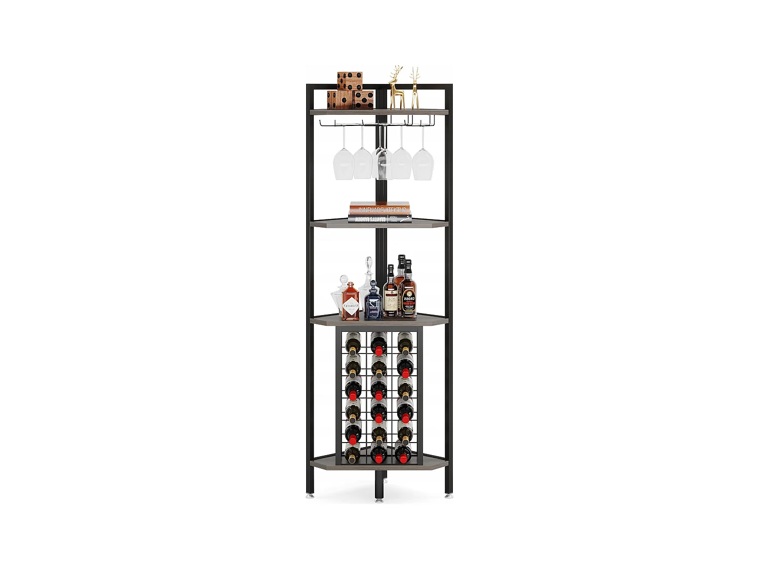 Botellero de esquina con soporte para copas y estantes, gris