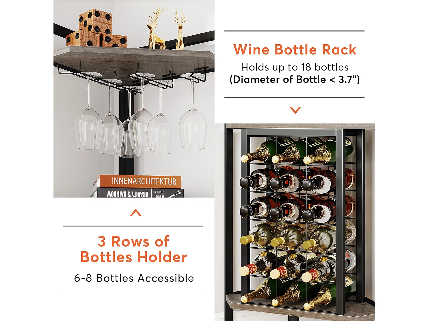 Stojak na wino, narożna półka na wino z uchwytem na kieliszki i półkami do przechowywania, stojak na butelki wina do barku, kuchni, jadalni, szary