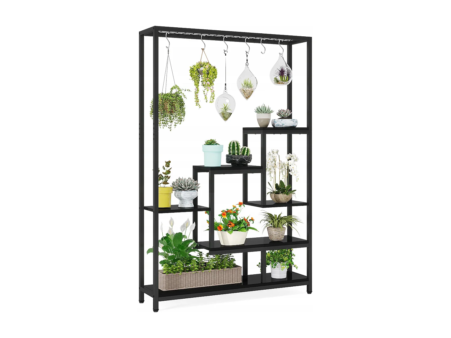 Tribesigns 5-laags plantenstandaard voor binnen - 71,8" grote metalen plantenplank met 10 S-haken hangende plantenbakorganizer - multifunctionele plantenstandaard voor binnen, tuin, balkon, woonkamer - zwart