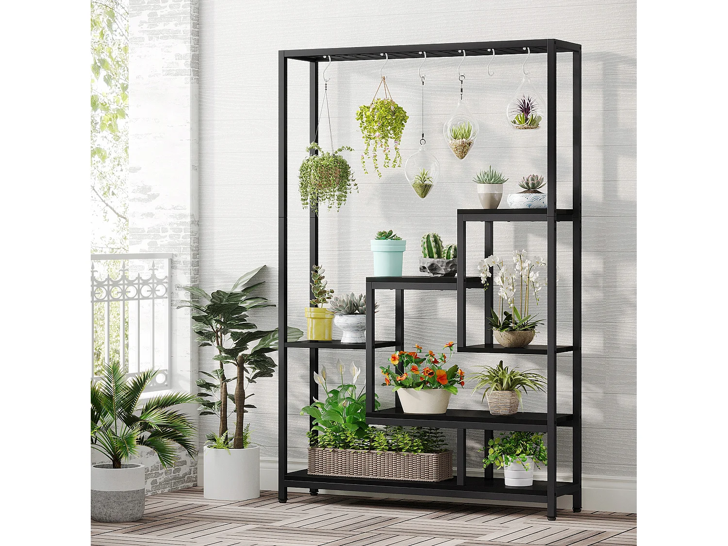 Tribesigns 5-laags plantenstandaard voor binnen - 71,8" grote metalen plantenplank met 10 S-haken hangende plantenbakorganizer - multifunctionele plantenstandaard voor binnen, tuin, balkon, woonkamer - zwart