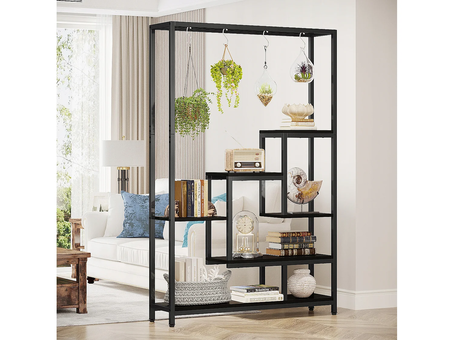 Tribesigns 5-laags plantenstandaard voor binnen - 71,8" grote metalen plantenplank met 10 S-haken hangende plantenbakorganizer - multifunctionele plantenstandaard voor binnen, tuin, balkon, woonkamer - zwart