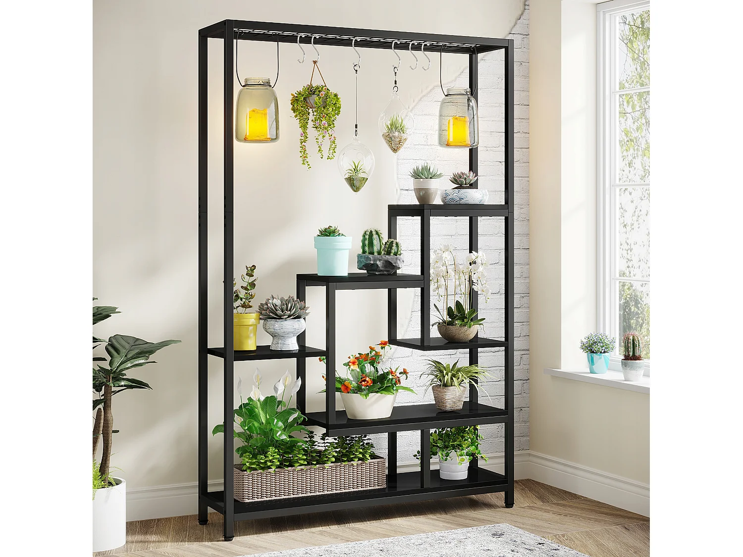 Tribesigns 5-laags plantenstandaard voor binnen - 71,8" grote metalen plantenplank met 10 S-haken hangende plantenbakorganizer - multifunctionele plantenstandaard voor binnen, tuin, balkon, woonkamer - zwart