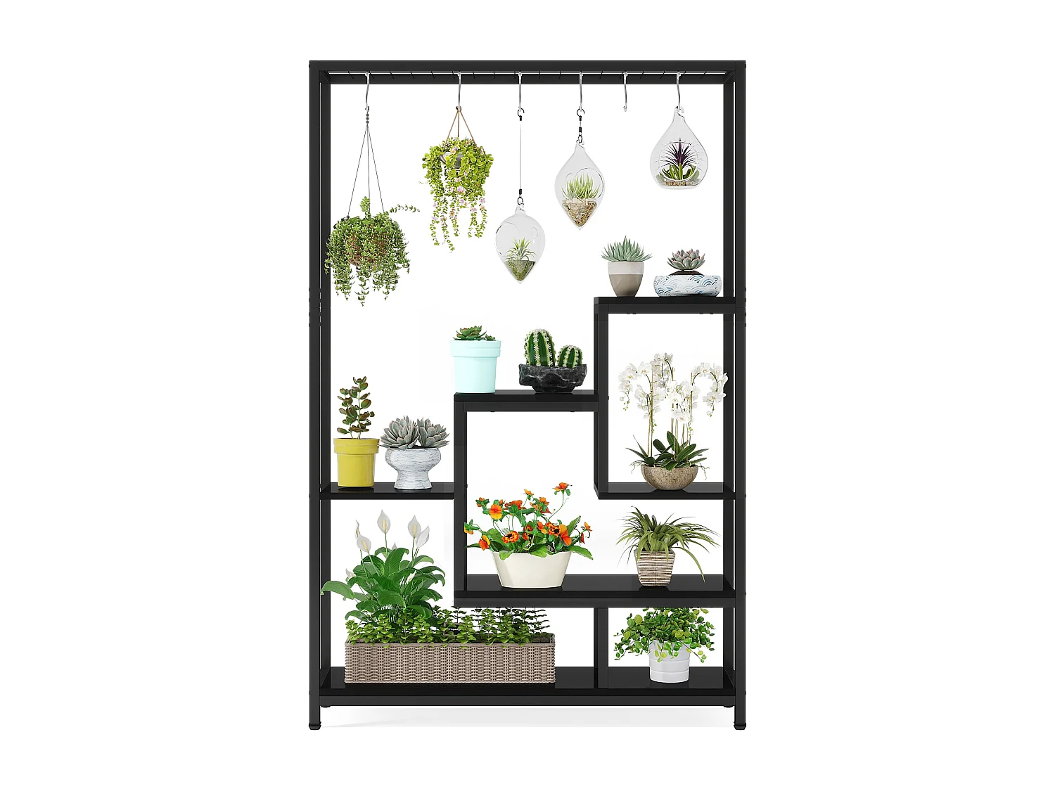 Tribesigns 5-laags plantenstandaard voor binnen - 71,8" grote metalen plantenplank met 10 S-haken hangende plantenbakorganizer - multifunctionele plantenstandaard voor binnen, tuin, balkon, woonkamer - zwart