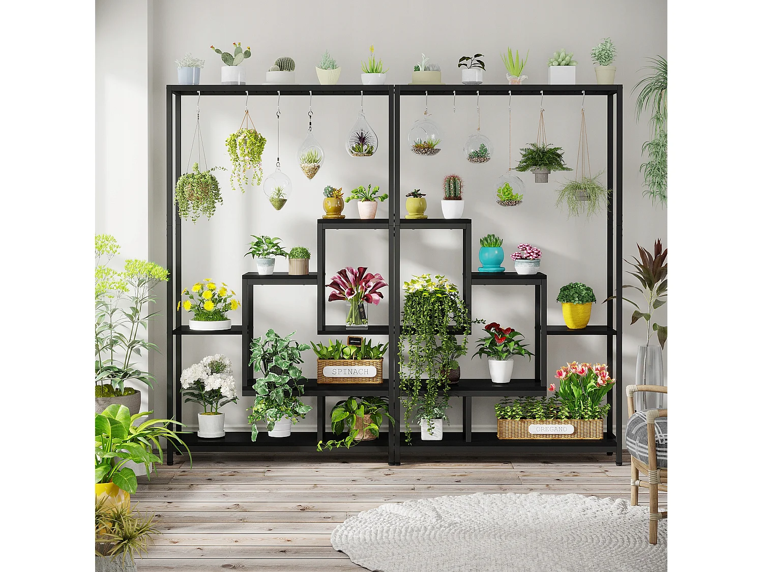 Tribesigns 5-laags plantenstandaard voor binnen - 71,8" grote metalen plantenplank met 10 S-haken hangende plantenbakorganizer - multifunctionele plantenstandaard voor binnen, tuin, balkon, woonkamer - zwart