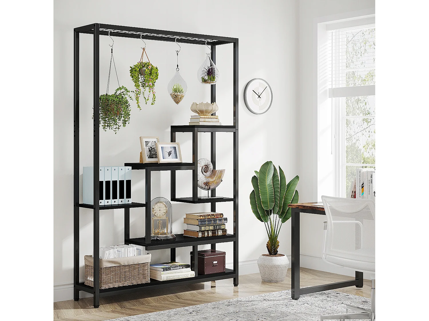 Tribesigns 5-laags plantenstandaard voor binnen - 71,8" grote metalen plantenplank met 10 S-haken hangende plantenbakorganizer - multifunctionele plantenstandaard voor binnen, tuin, balkon, woonkamer - zwart