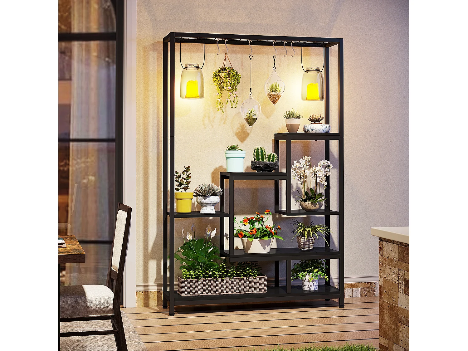 Tribesigns 5-laags plantenstandaard voor binnen - 71,8" grote metalen plantenplank met 10 S-haken hangende plantenbakorganizer - multifunctionele plantenstandaard voor binnen, tuin, balkon, woonkamer - zwart