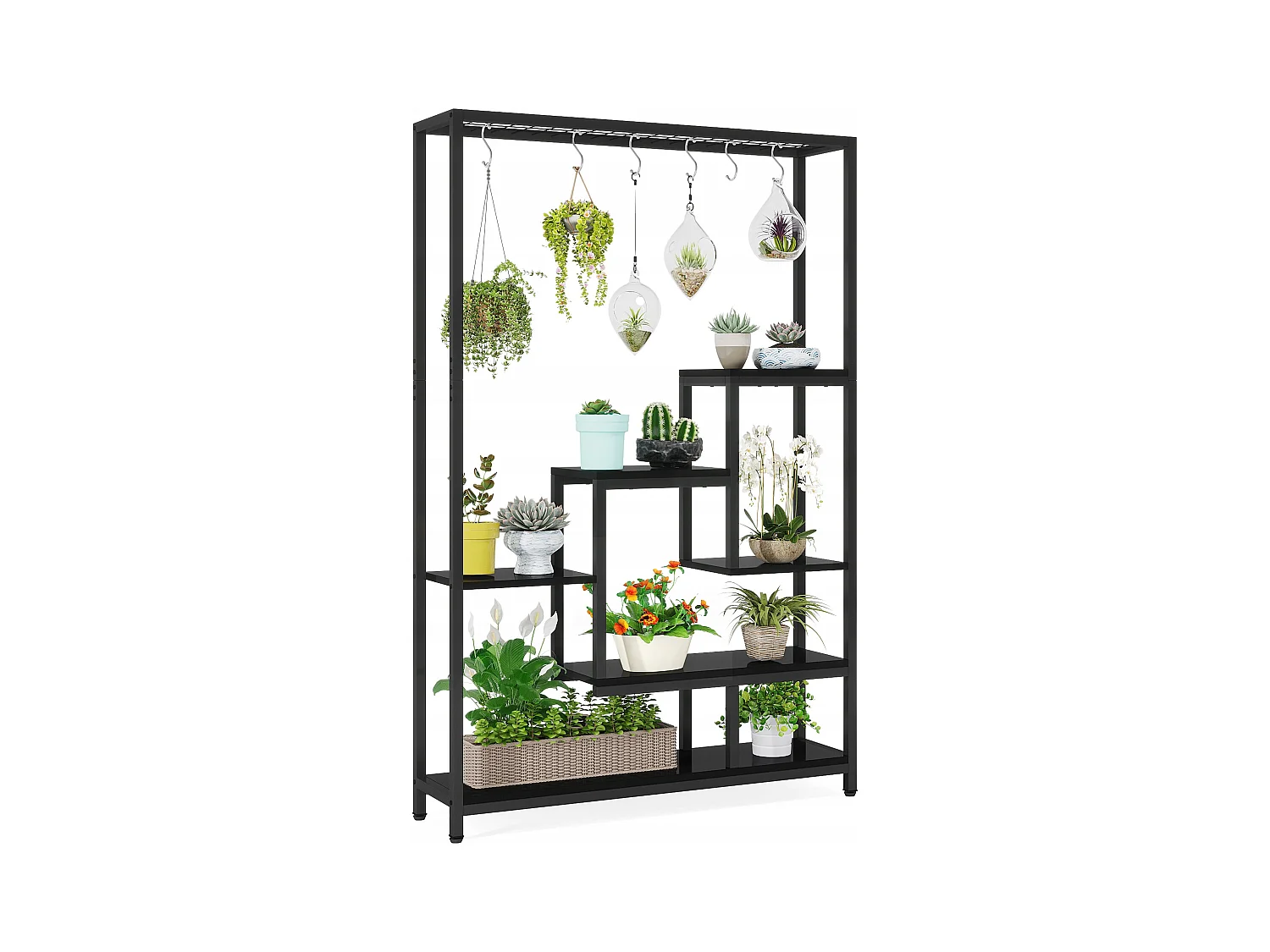 Supporto per piante da interno a 5 ripiani - Scaffale per piante in metallo grande 180 cm con 10 ganci a S - Nero