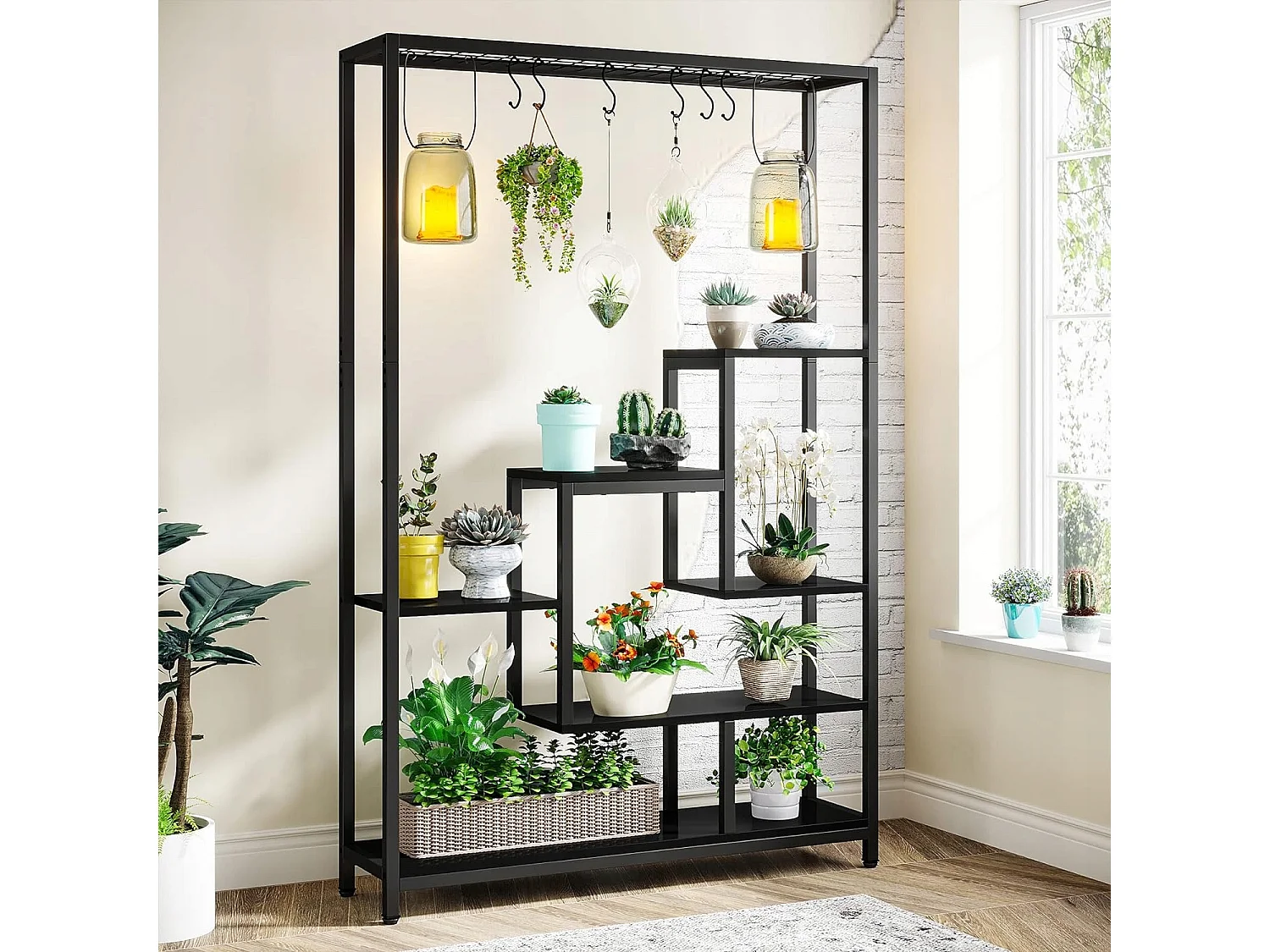 5-Ebenen-Innenpflanzensupport - Große Metallregalwand von 180 cm mit 10 S-förmigen Haken - Schwarz