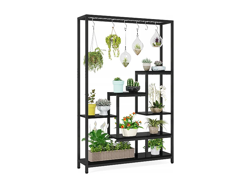 Support pour plantes d'intérieur à 5 niveaux - Grande étagère en métal de 180 cm avec 10 crochets de suspension en S - Noir