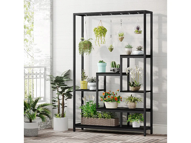 Tribesigns 5-laags plantenstandaard voor binnen - 71,8" grote metalen plantenplank met 10 S-haken hangende plantenbakorganizer - multifunctionele plantenstandaard voor binnen, tuin, balkon, woonkamer - zwart