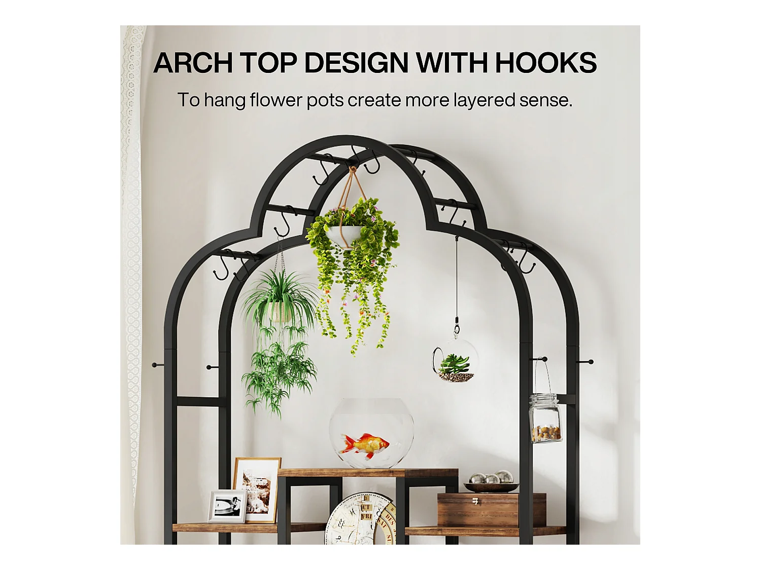 6-laags plantenstandaard voor binnen, 190 cm metalen gebogen plantenplank met 10 S-haken, hangrek, veelzijdige displayplank voor binnen, tuin, balkon, woonkamer