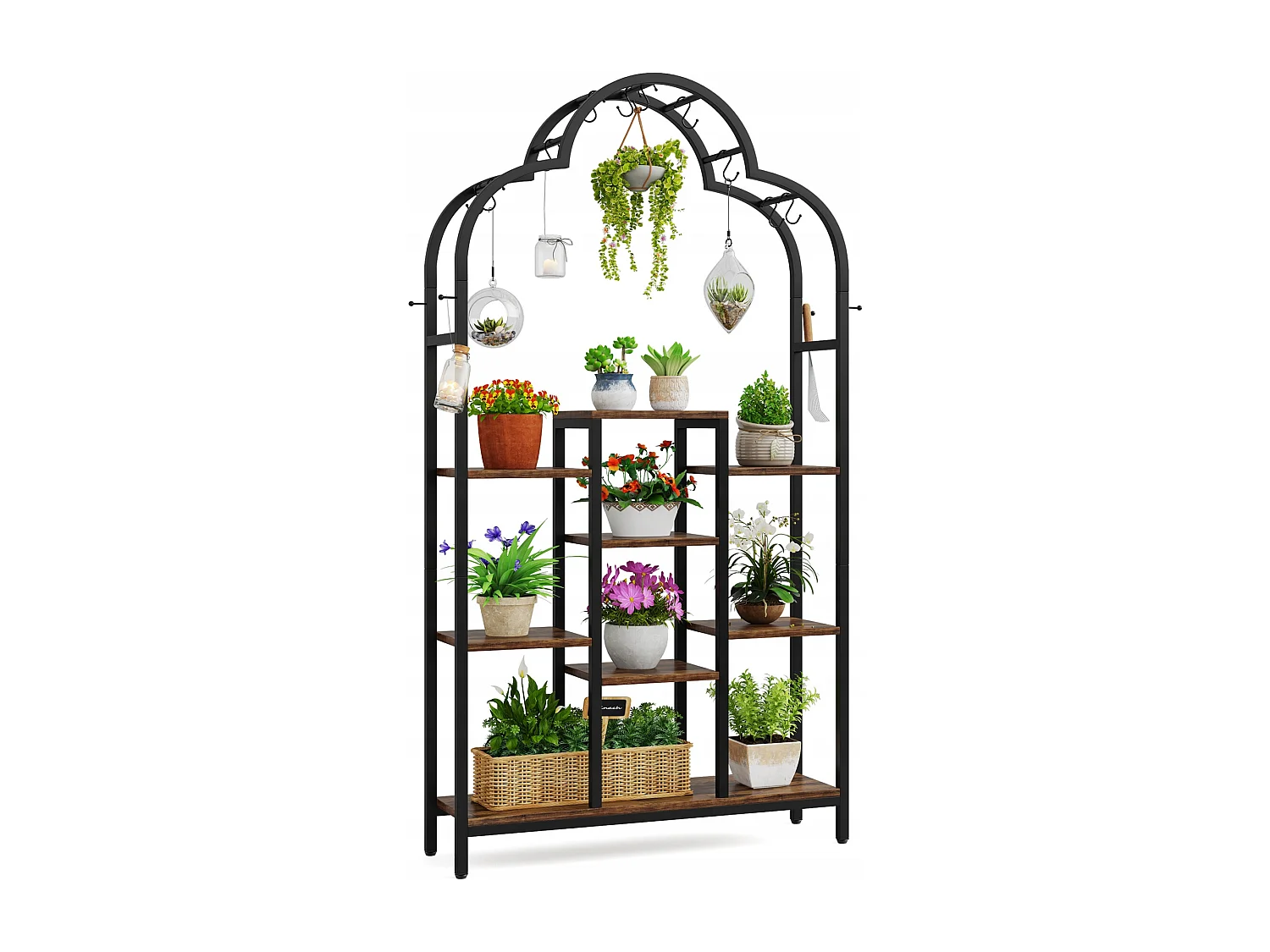 Support pour plantes d'intérieur à 6 niveaux, étagère arquée en métal de 190 cm avec 10 crochets de suspension en S