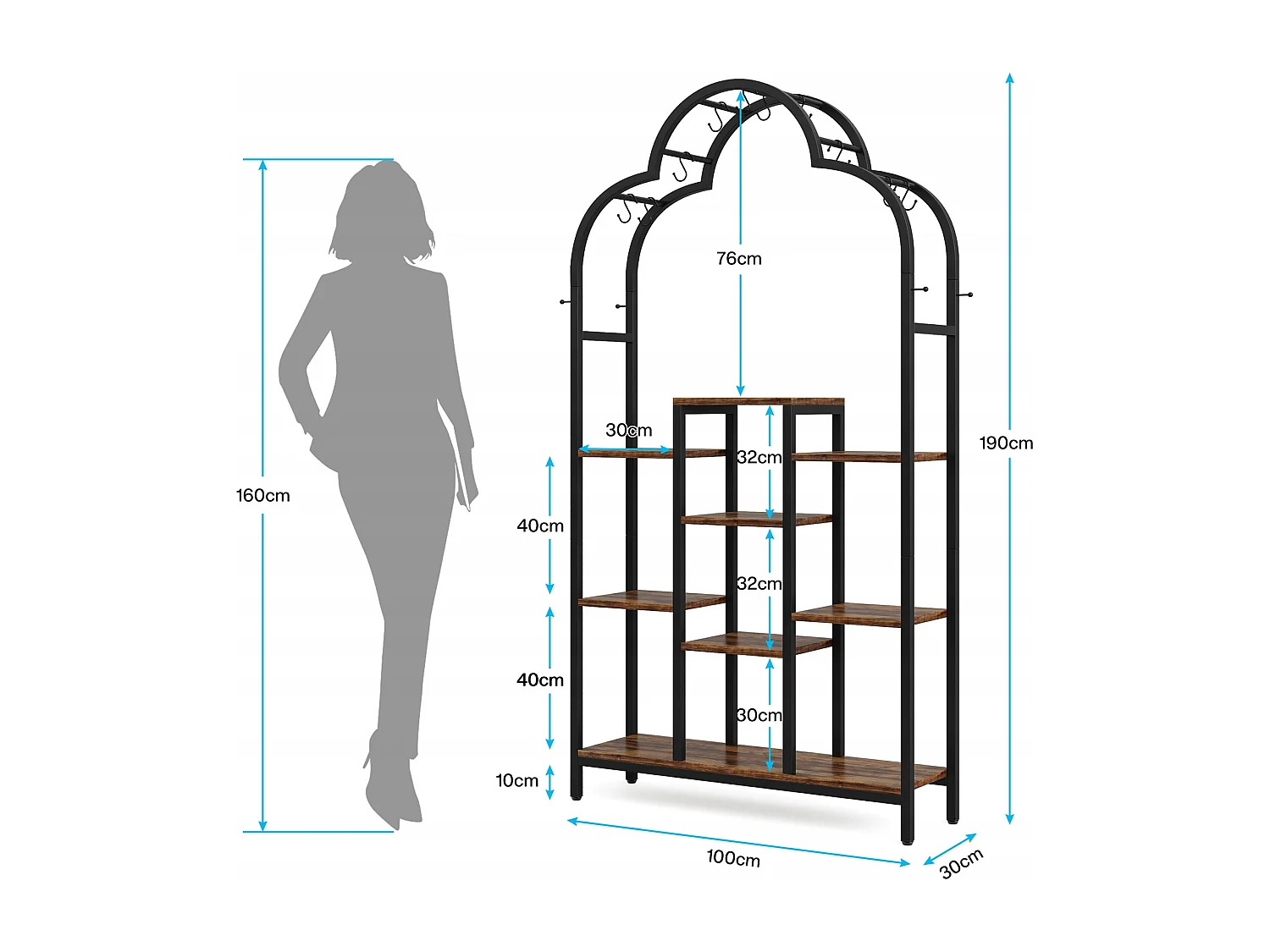 Support pour plantes d'intérieur à 6 niveaux, étagère arquée en métal de 190 cm avec 10 crochets de suspension en S