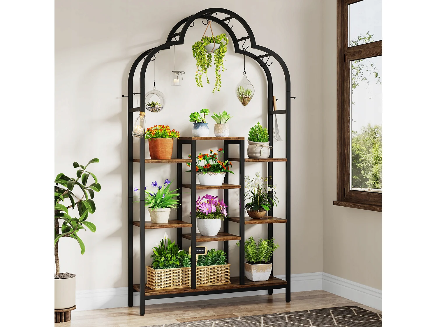 Support pour plantes d'intérieur à 6 niveaux, étagère arquée en métal de 190 cm avec 10 crochets de suspension en S