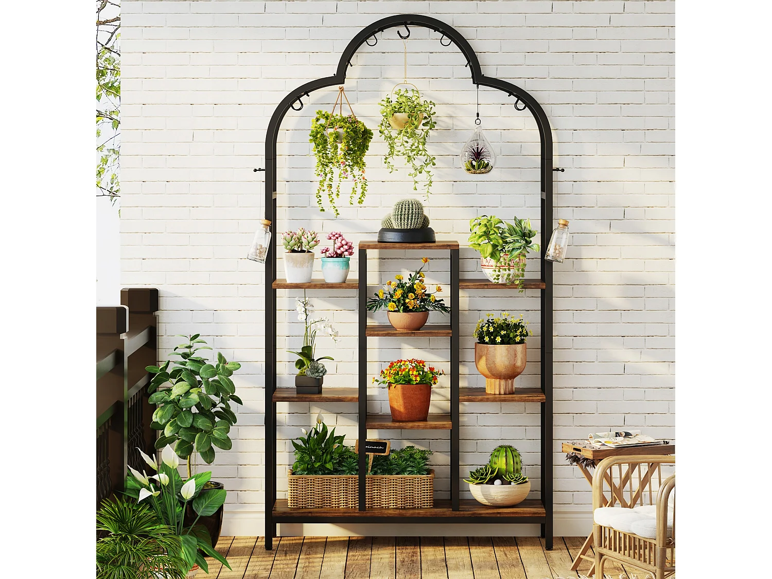 Support pour plantes d'intérieur à 6 niveaux, étagère arquée en métal de 190 cm avec 10 crochets de suspension en S