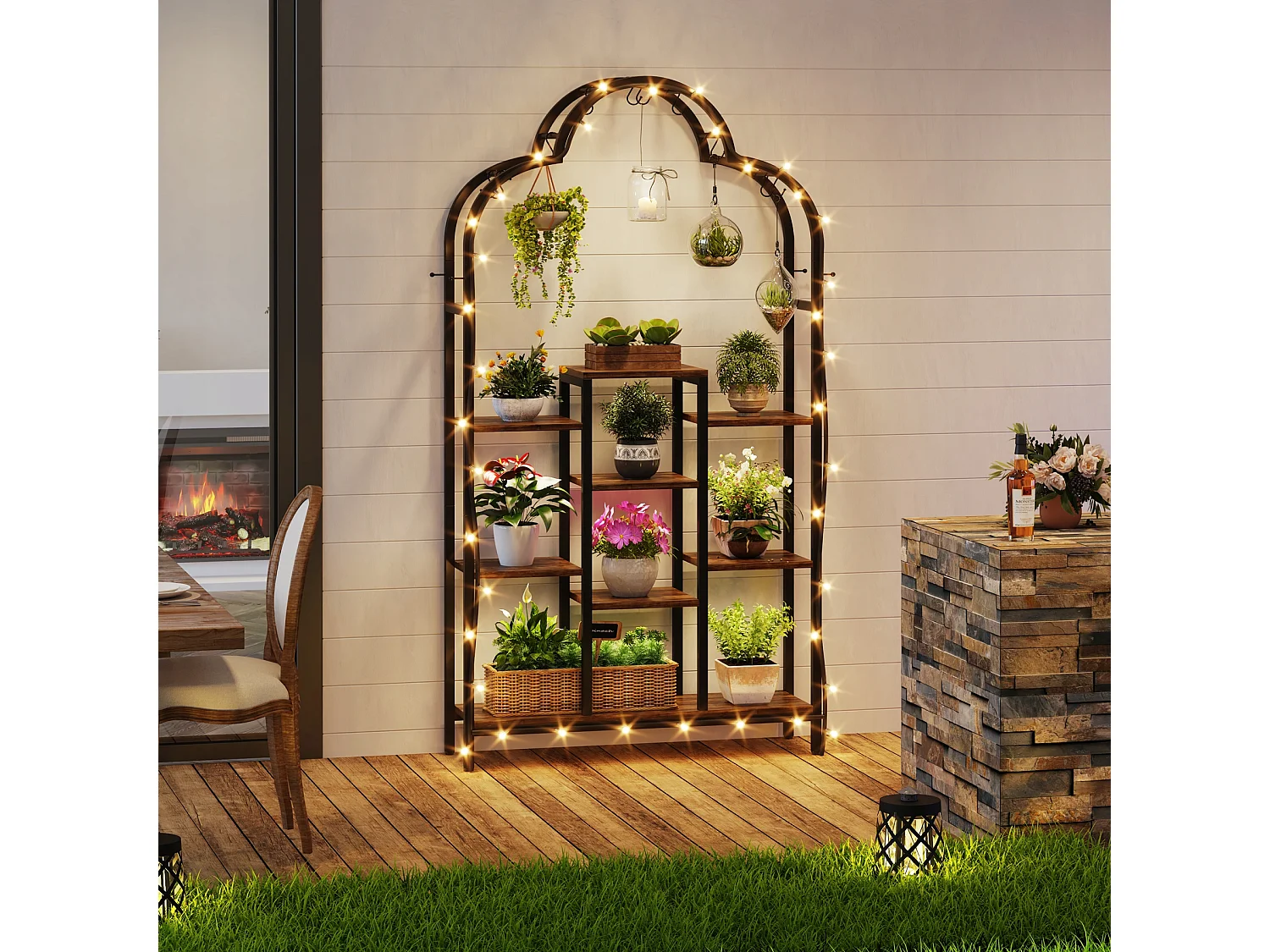 Support pour plantes d'intérieur à 6 niveaux, étagère arquée en métal de 190 cm avec 10 crochets de suspension en S