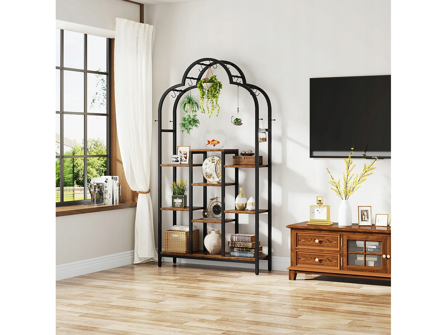 Support pour plantes d'intérieur à 6 niveaux, étagère arquée en métal de 190 cm avec 10 crochets de suspension en S