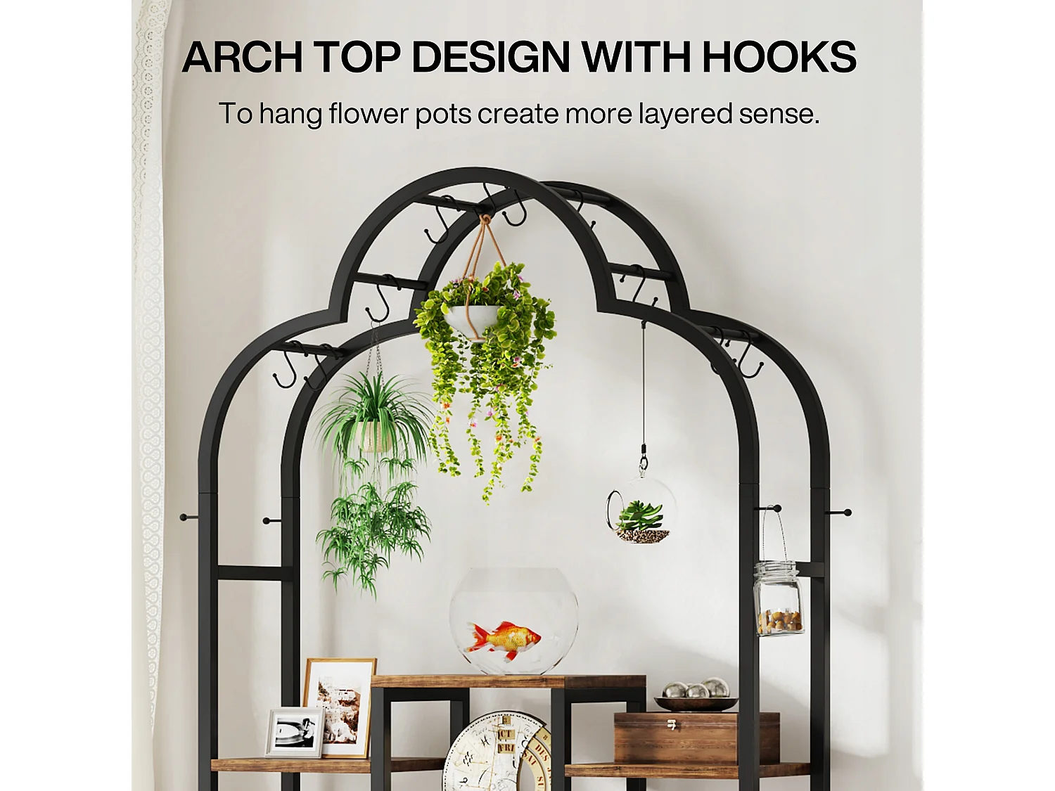 Support pour plantes d'intérieur à 6 niveaux, étagère arquée en métal de 190 cm avec 10 crochets de suspension en S