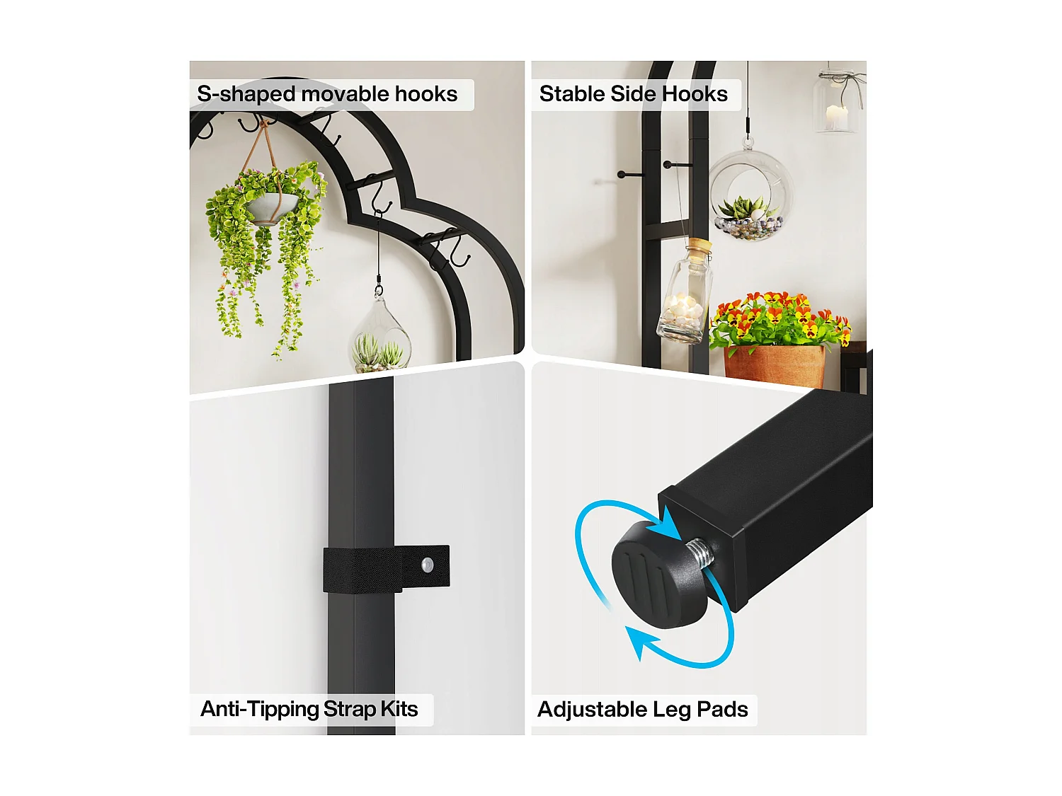 Support pour plantes d'intérieur à 6 niveaux, étagère arquée en métal de 190 cm avec 10 crochets de suspension en S