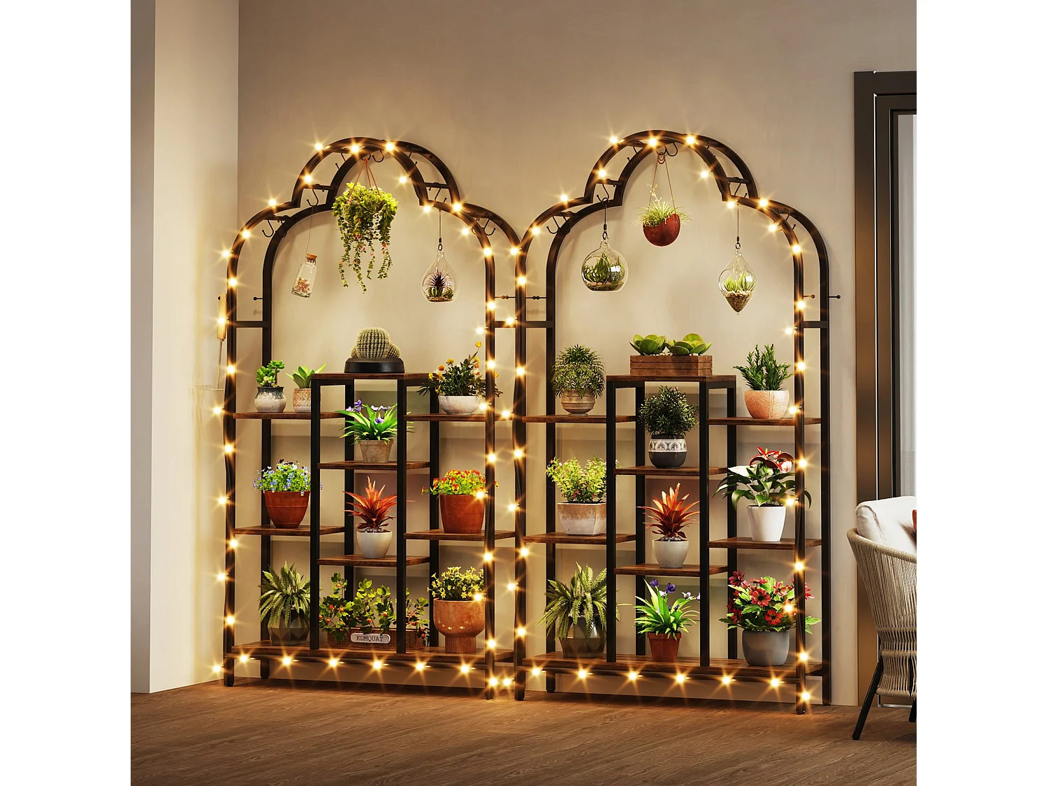 Support pour plantes d'intérieur à 6 niveaux, étagère arquée en métal de 190 cm avec 10 crochets de suspension en S