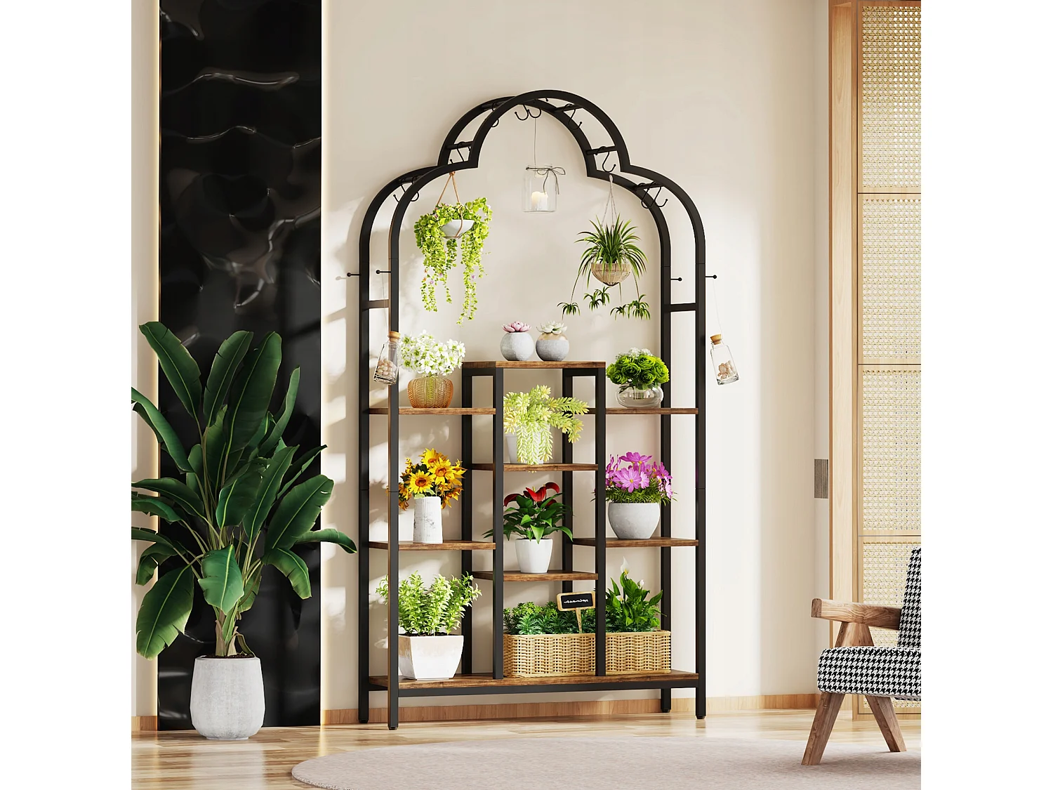 Support pour plantes d'intérieur à 6 niveaux, étagère arquée en métal de 190 cm avec 10 crochets de suspension en S