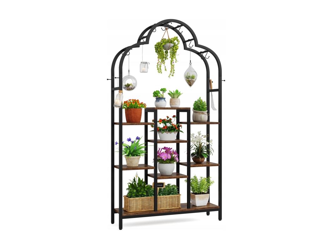 6-laags plantenstandaard voor binnen, 190 cm metalen gebogen plantenplank met 10 S-haken, hangrek, veelzijdige displayplank voor binnen, tuin, balkon, woonkamer