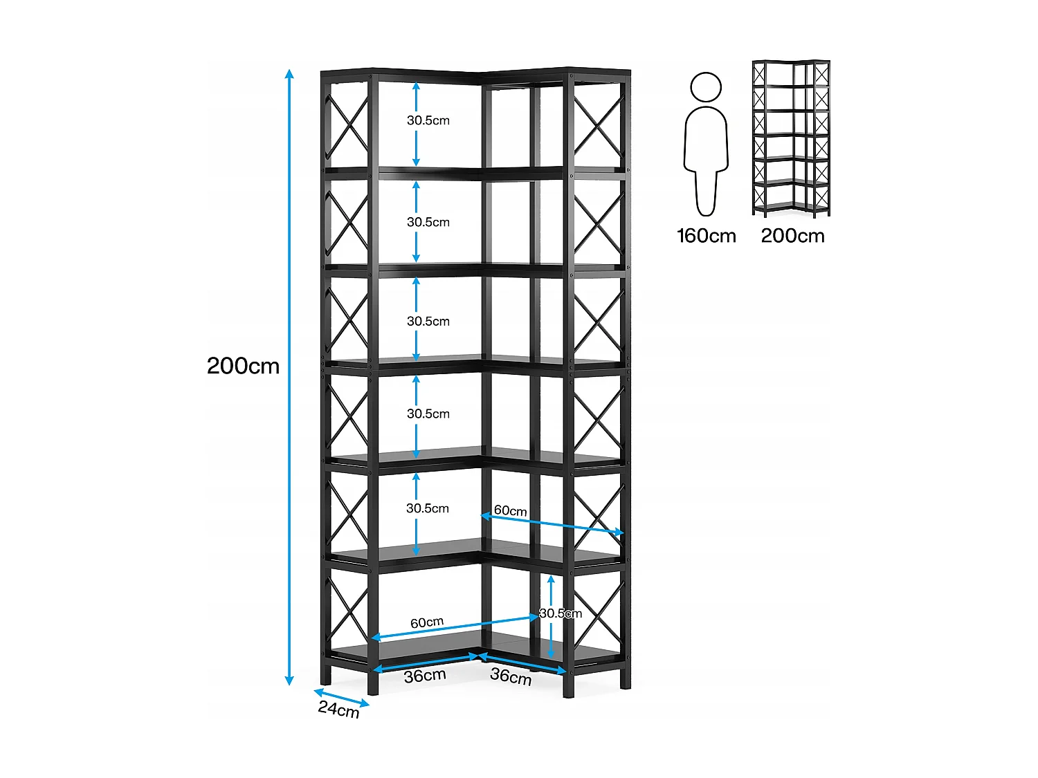 Esquina de biblioteca, gran estantería de esquina industrial, estantería de esquina sobre patas con marco de metal (7 estantes - negro)