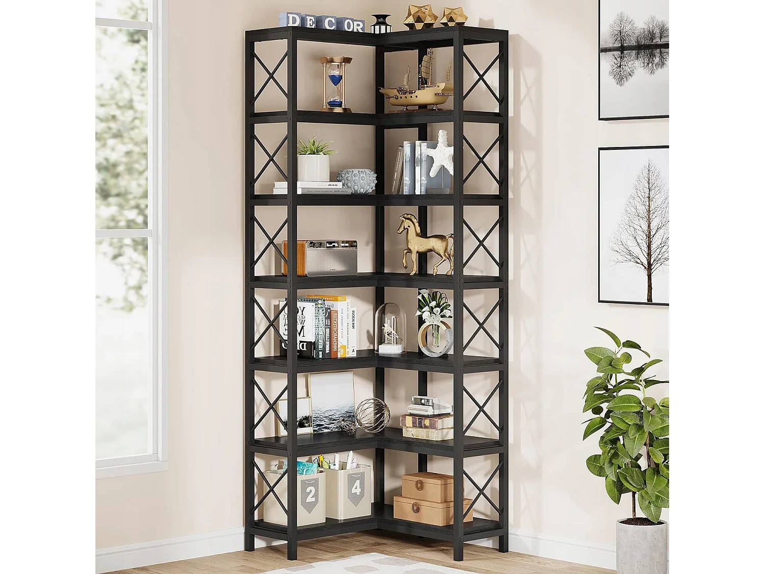 Esquina de biblioteca, gran estantería de esquina industrial, estantería de esquina sobre patas con marco de metal (7 estantes - negro)