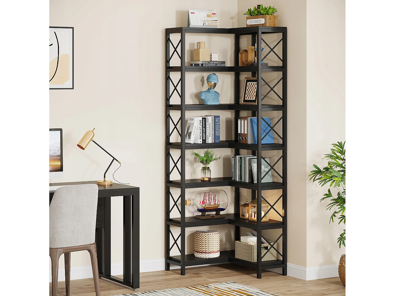 Esquina de biblioteca, gran estantería de esquina industrial, estantería de esquina sobre patas con marco de metal (7 estantes - negro)