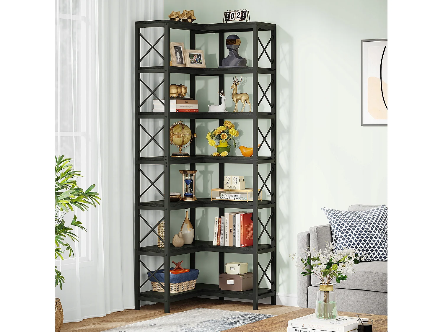 Esquina de biblioteca, gran estantería de esquina industrial, estantería de esquina sobre patas con marco de metal (7 estantes - negro)