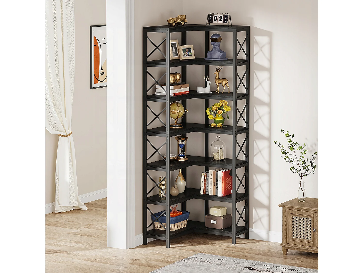 Esquina de biblioteca, gran estantería de esquina industrial, estantería de esquina sobre patas con marco de metal (7 estantes - negro)