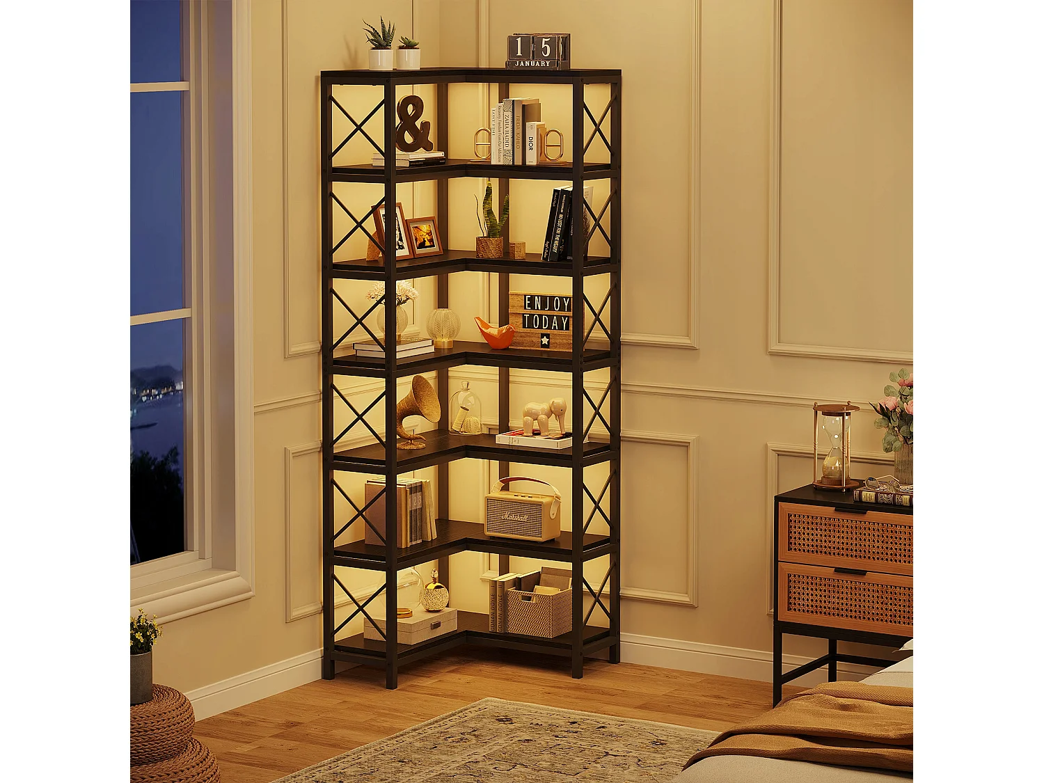 Esquina de biblioteca, gran estantería de esquina industrial, estantería de esquina sobre patas con marco de metal (7 estantes - negro)