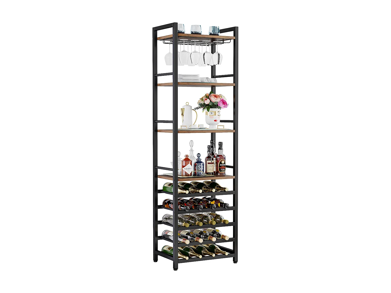 Wijnrek, vrijstaand flessenrek met 9 niveaus, glazenhouder en opbergplanken, wijnflessenrek, rustiek bruin