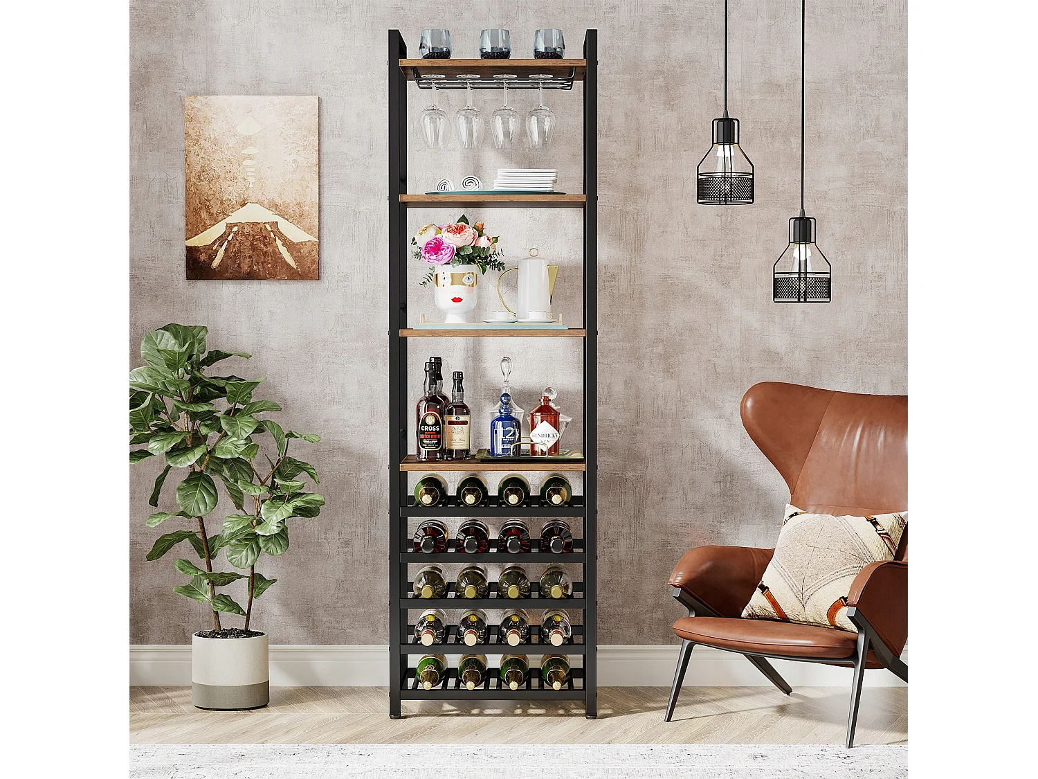 Wijnrek, vrijstaand flessenrek met 9 niveaus, glazenhouder en opbergplanken, wijnflessenrek, rustiek bruin