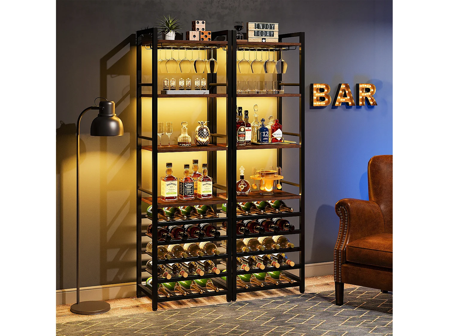 Wijnrek, vrijstaand flessenrek met 9 niveaus, glazenhouder en opbergplanken, wijnflessenrek, rustiek bruin