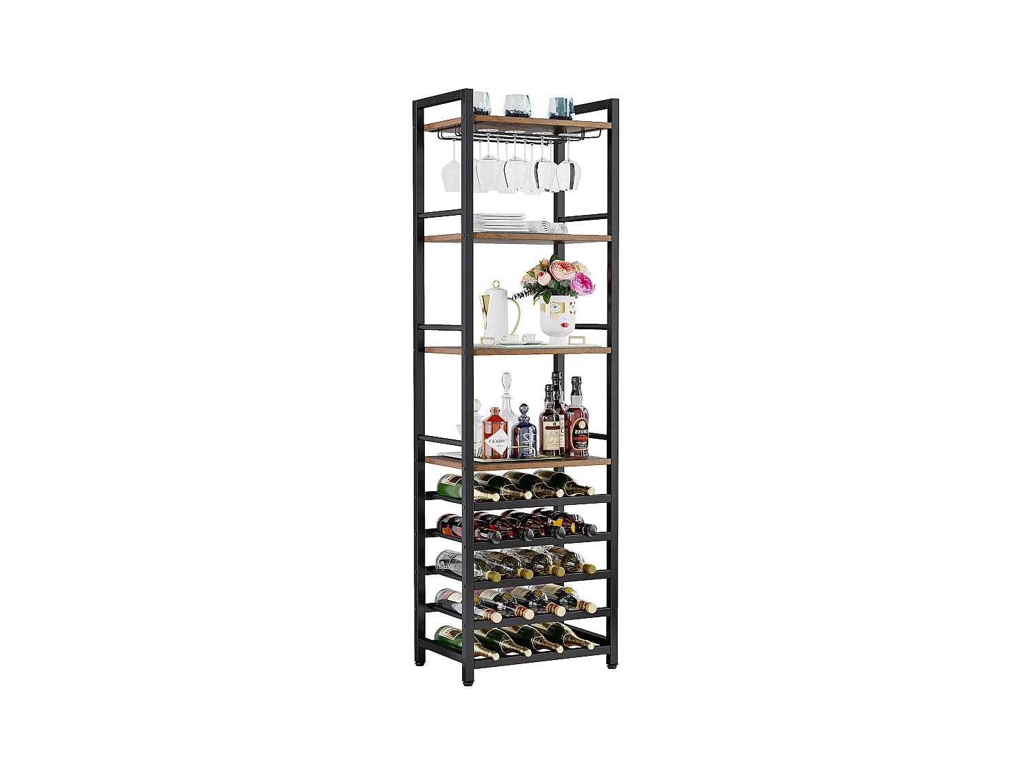 Casier à Vin, Étagère à Bouteilles Autonome à 9 étages avec Support en Verre et étagères de Rangement, Casier à vin Bouteilles, Marron Rustique